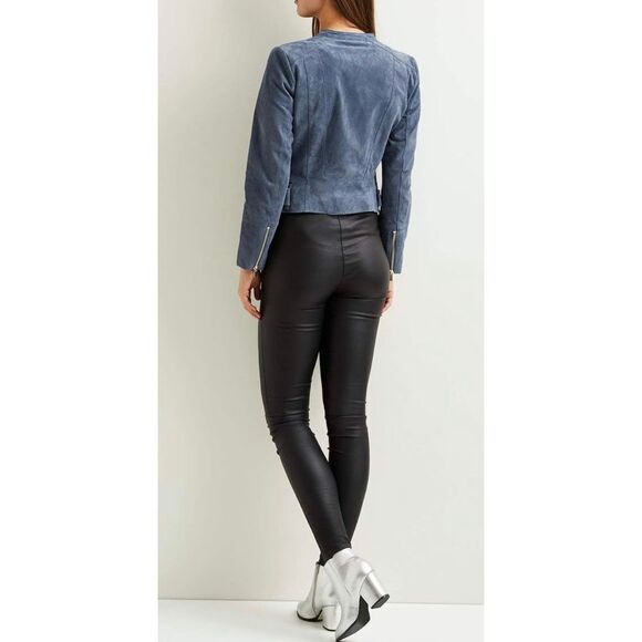 NWOT VILA Danish Designer Women's Vimiss Blue Suede Moto Jacket Size Small - Picture 2 of 12